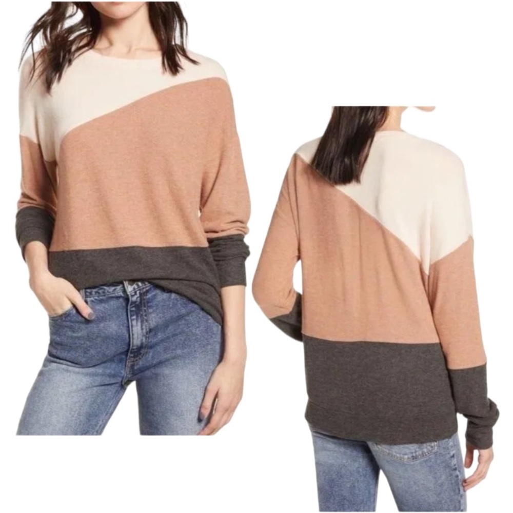 Socialite Women's Tan Cream Charcoal Brushed Knit  Tri Color Sweater Siz…